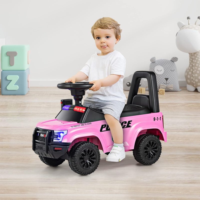 Olakids Ride On Push Police Car, Toddler Foot-to-Floor Sliding Toy with Siren, Steering Wheel, Megaphone, Horn, Headlights, Under Seat Storage, Kids Racer Walking Gift for Boys Girls 1-3 (Pink) - Image 2